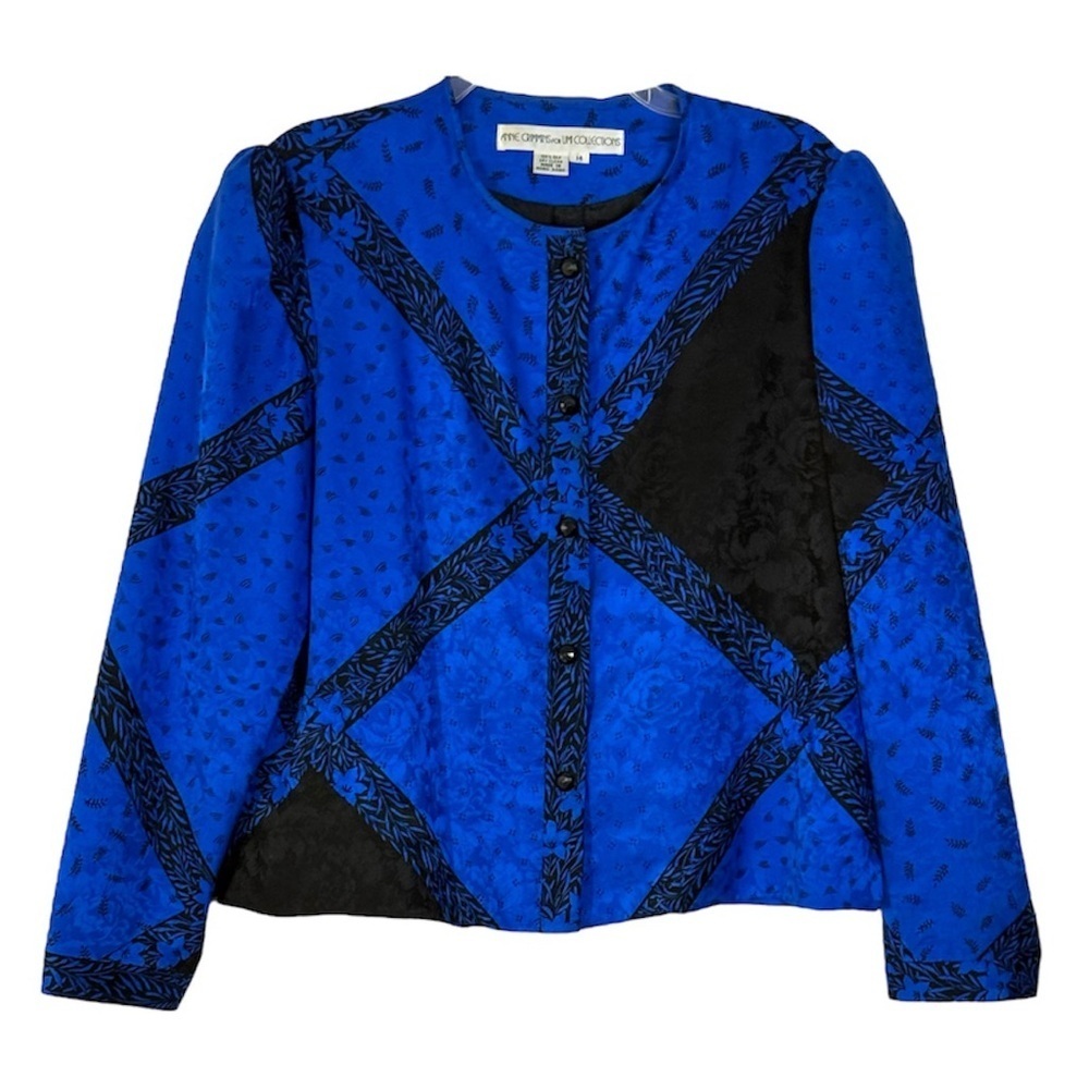 Vintage Anne Crimmins UMI 100% Silk Blue Black Patterned Jacket Blouse Size 14